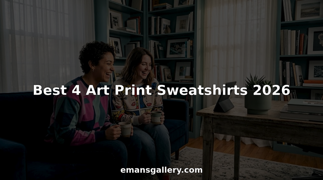 Friends wearing art print sweatshirts relaxing at home