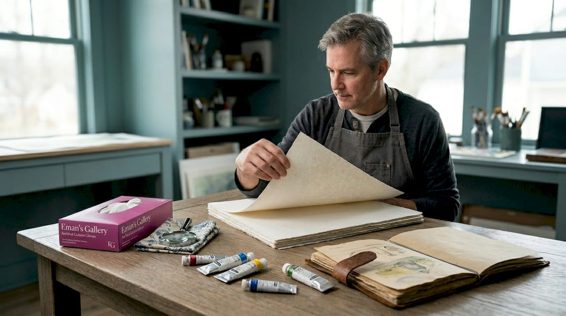 Artist inspecting archival paper in studio