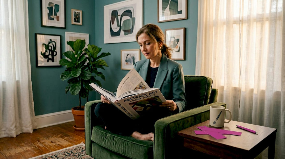 Woman reading abstract art book on sofa