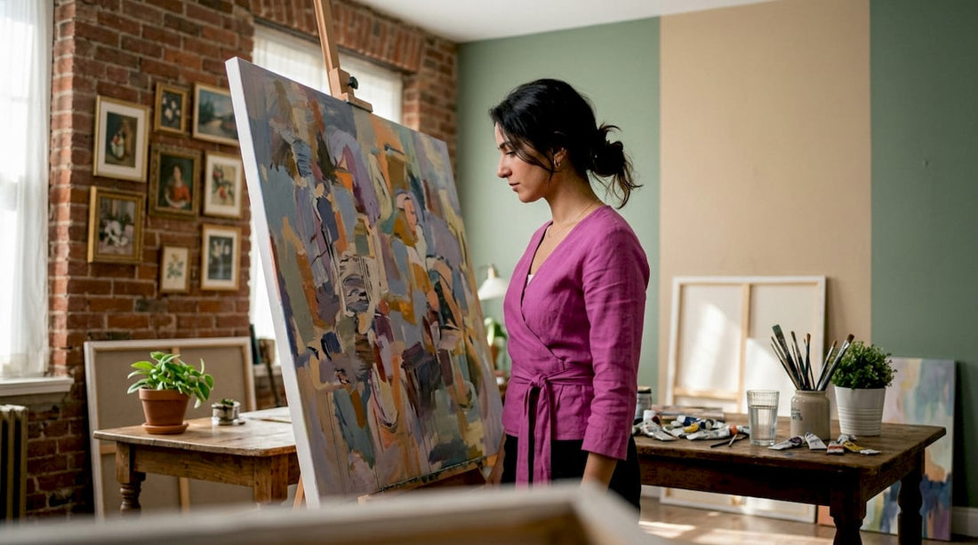 Artist considering abstract painting in studio