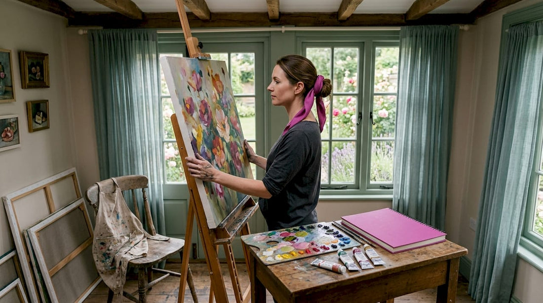 Artist creating abstract flower painting in studio