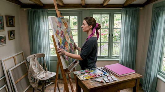 Artist creating abstract flower painting in studio