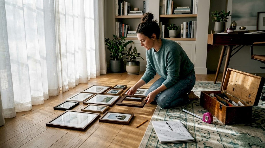 Planning living room gallery wall on floor