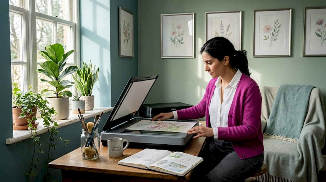 Artist scanning artwork in home studio