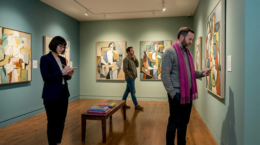 Museum visitors viewing modern art paintings