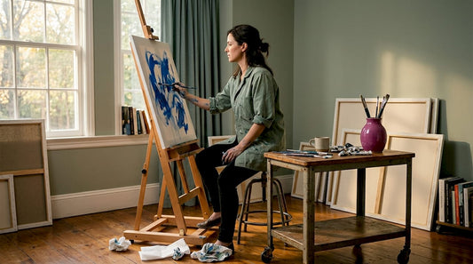 Artist painting in sunlit home studio workspace