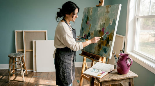 Artist working on abstract painting in sunlit studio
