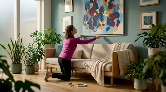 Woman hanging canvas art in bright living room