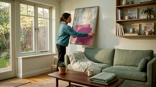 Woman hangs abstract canvas in bright living room