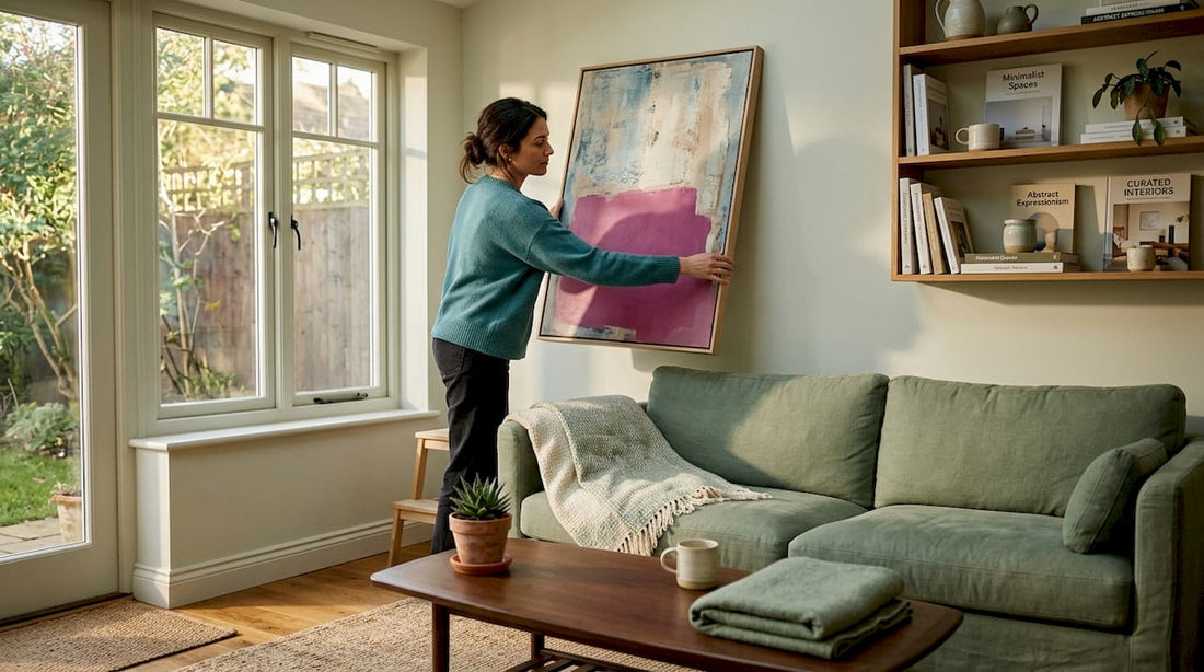Woman hangs abstract canvas in bright living room