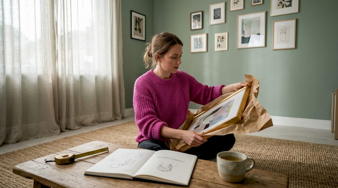 Woman unpacks new art in living room