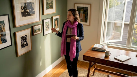 Art collector reviewing curated wall display
