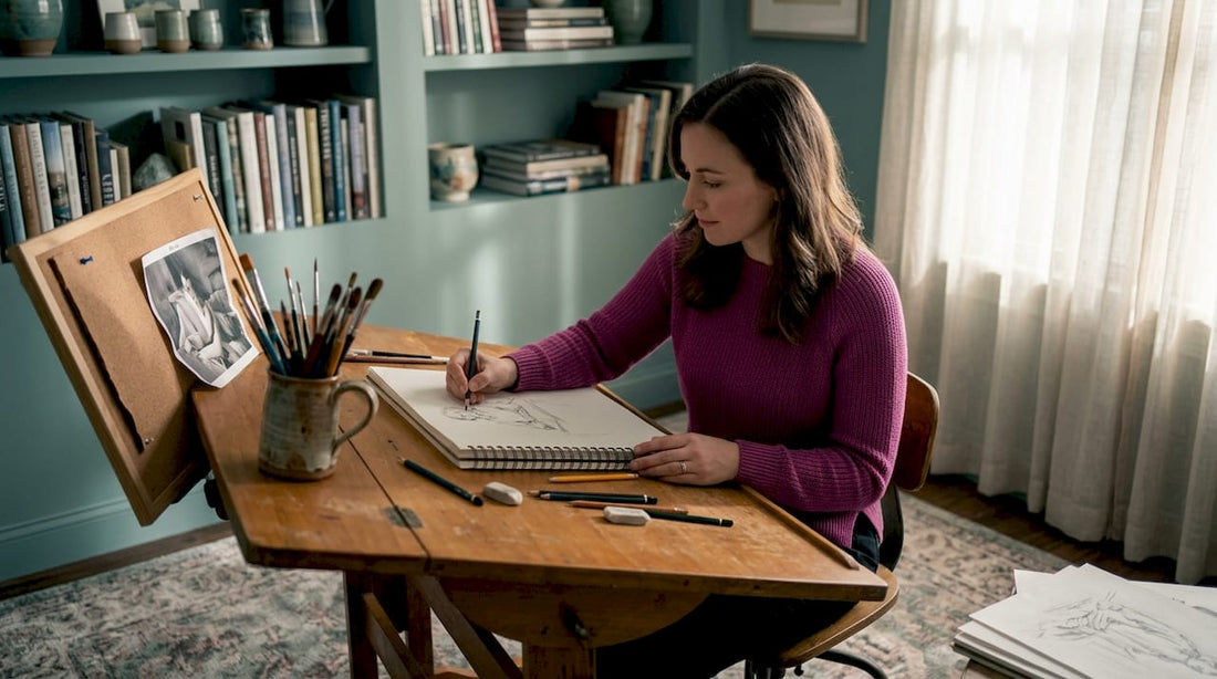 Artist sketching at home drafting table