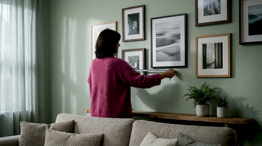 Woman arranging framed art in living room