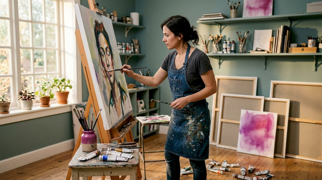 Artist painting semi-abstract portrait in studio