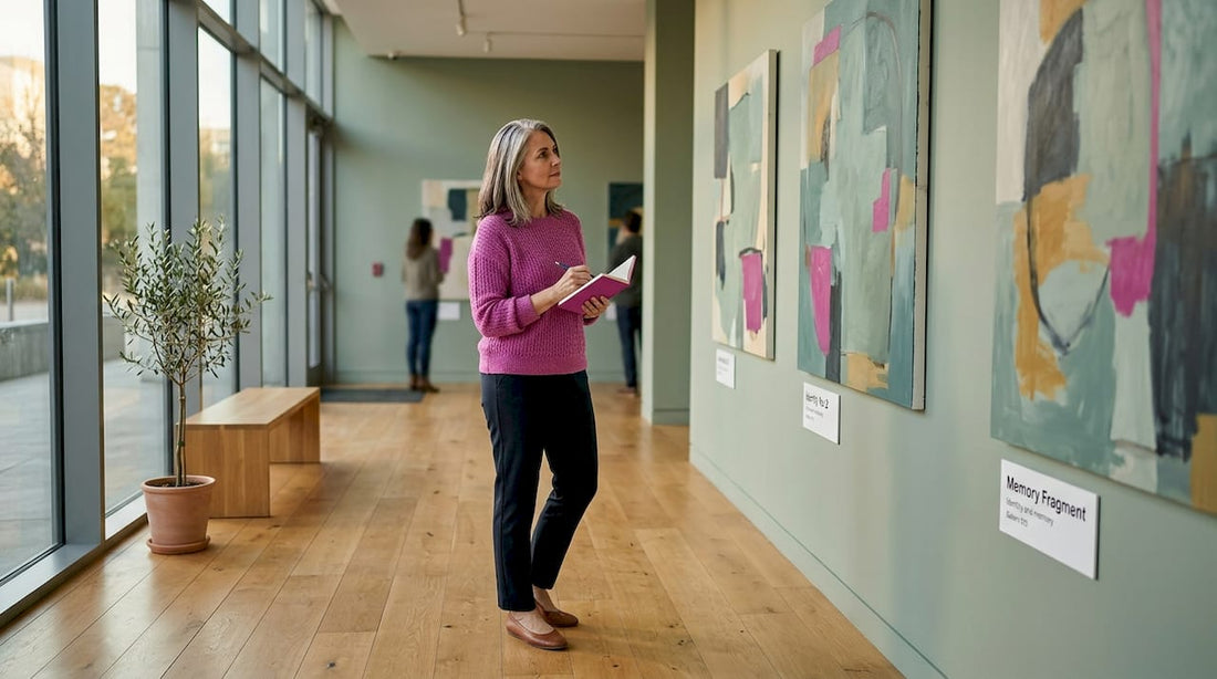 Visitor observing contemporary artworks in gallery