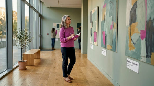 Visitor observing contemporary artworks in gallery