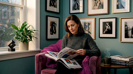 Art collector reviewing auction catalog at desk