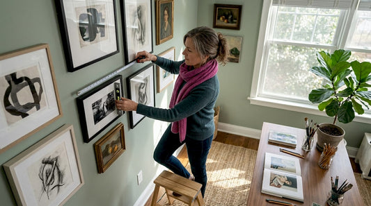 Person hanging art on living room wall