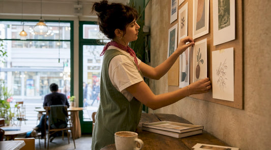 Woman hanging unframed prints on wall