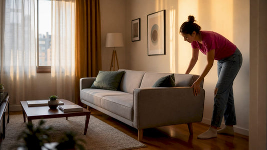 Woman arranging small living room furniture
