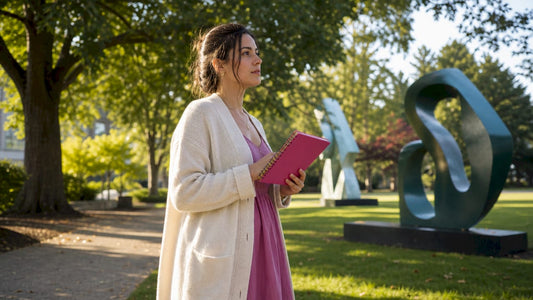 Woman curator interacting with abstract art exhibit