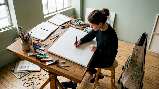 Artist sketching geometric shapes in studio