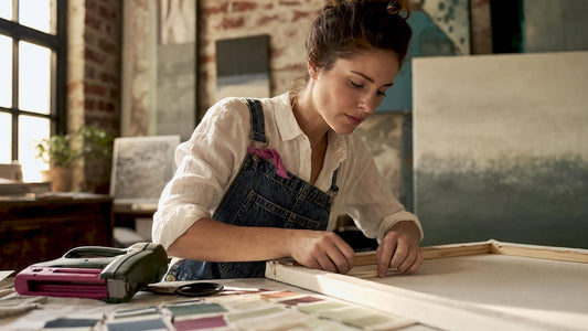 Artist stretching canvas print on wooden frame