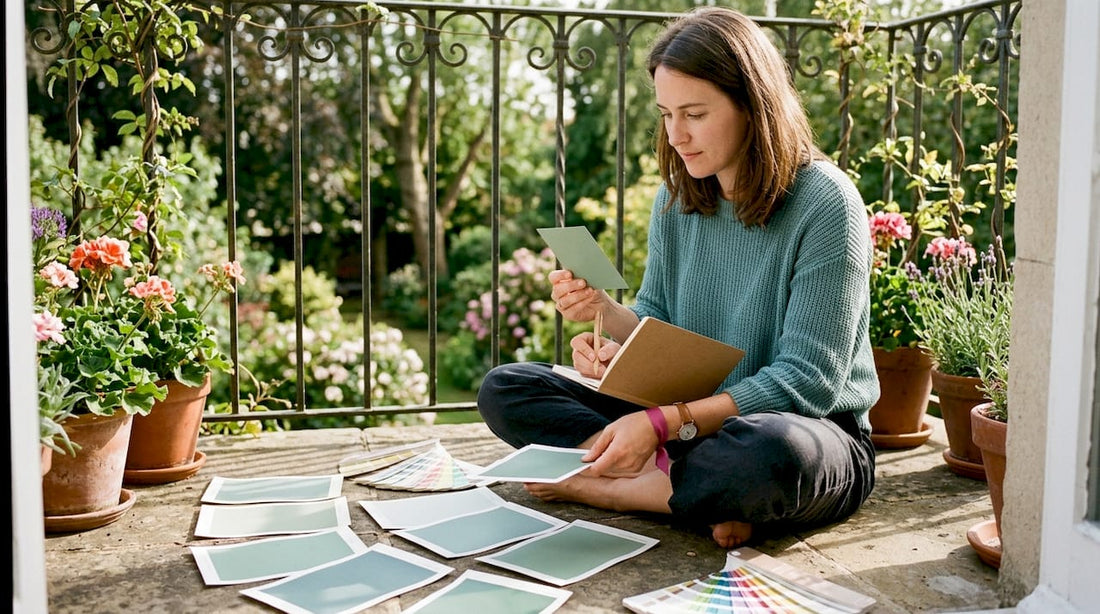 Woman choosing paint swatches in living room