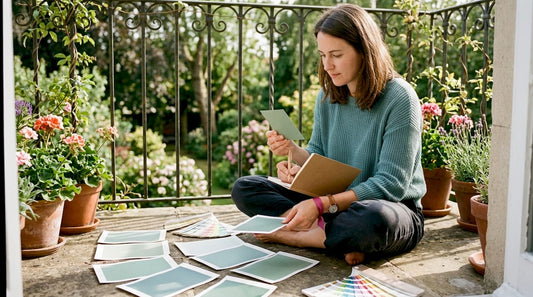 Woman choosing paint swatches in living room