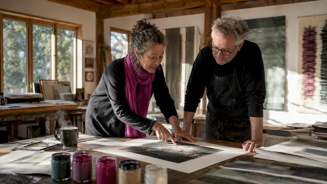Artist and printer reviewing fine art print