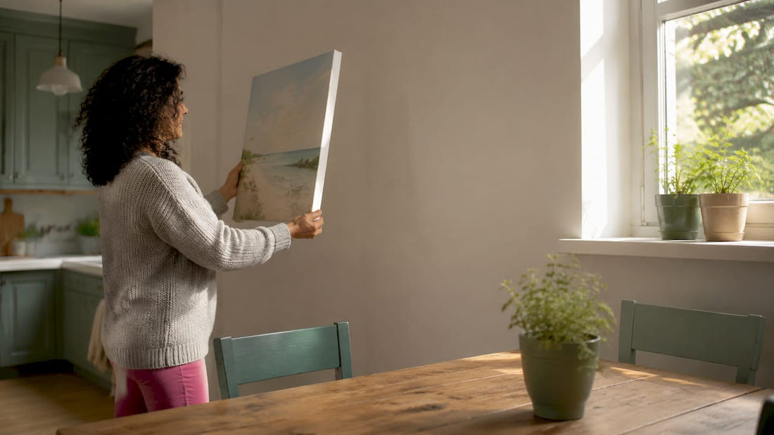 Woman choosing canvas art in living room