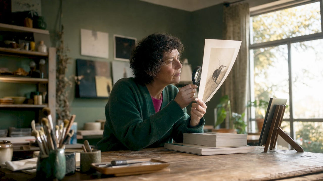 Woman examining limited edition print at home study