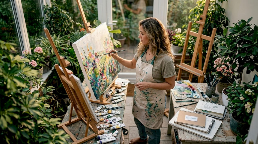 Artist working with paintbrush and tablet in studio