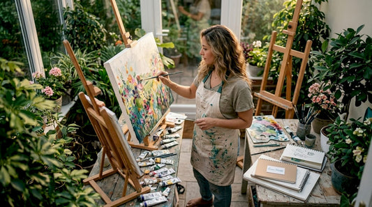 Artist working with paintbrush and tablet in studio