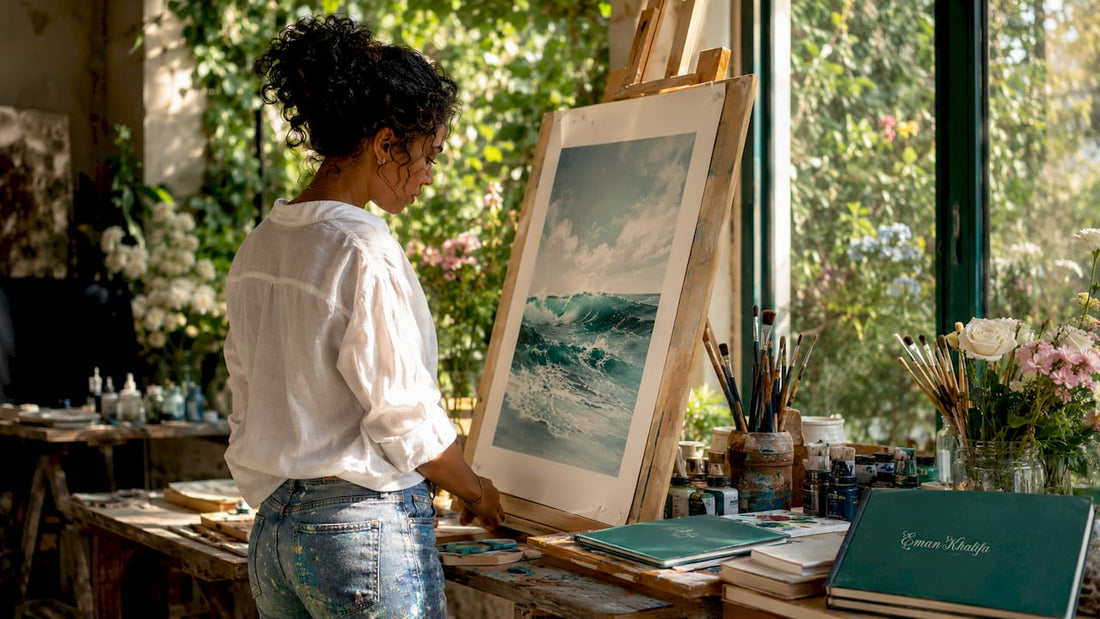 Artist reviewing an art poster print in studio