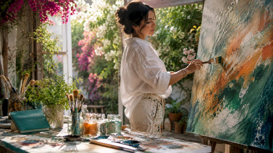 Abstract artist painting in sunlit studio
