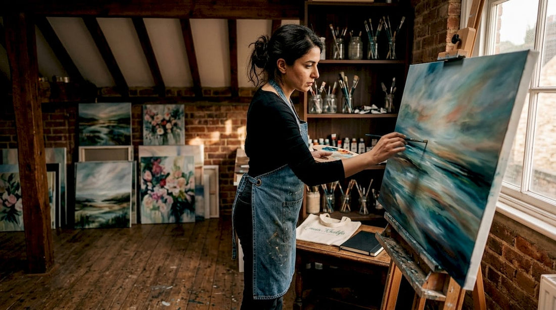 Artist painting on canvas in bright studio