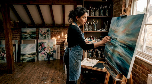 Artist painting on canvas in bright studio