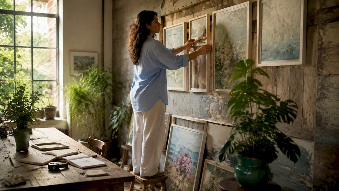 Woman arranging frames on wall for gallery