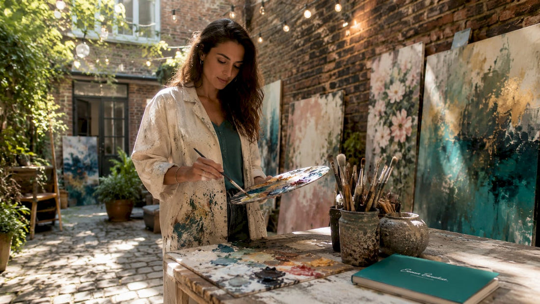 Female artist mixing paint in bright art studio