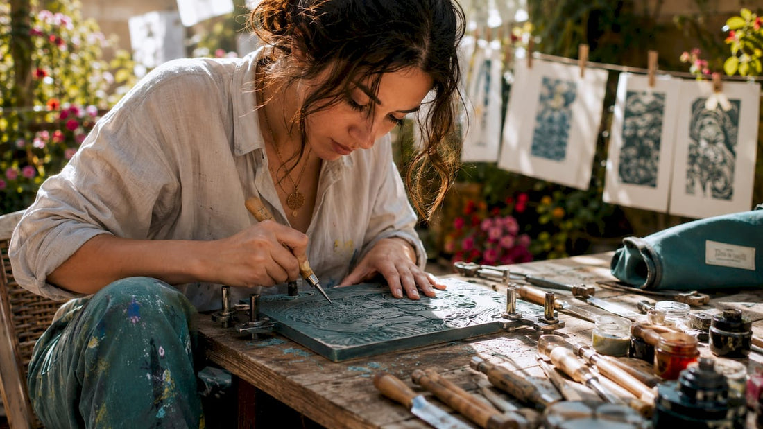 Artist carving linoleum block for printmaking