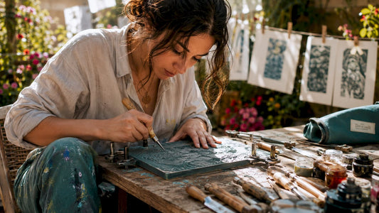 Artist carving linoleum block for printmaking
