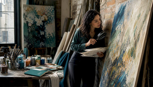 Buyer inspecting modern abstract artwork in studio