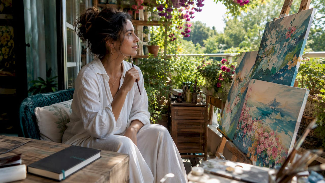 Artist studying colorful abstract paintings in home studio
