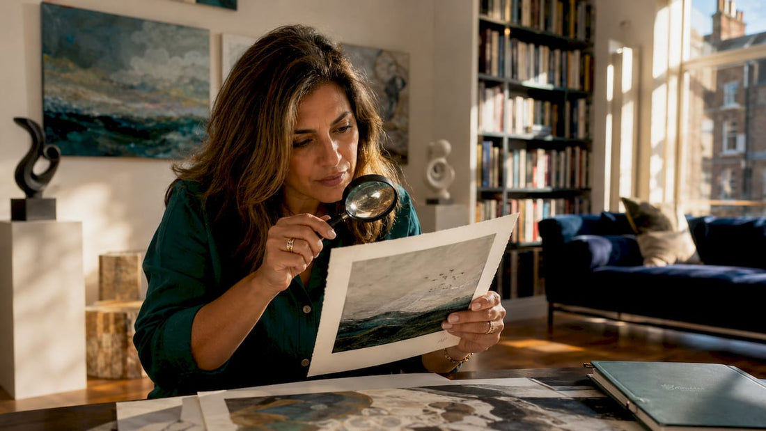 Woman examining artist proof print carefully