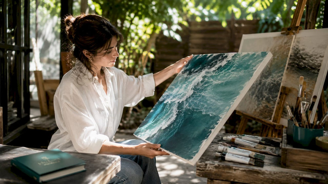 Artist inspecting canvas photo print stretched on frame
