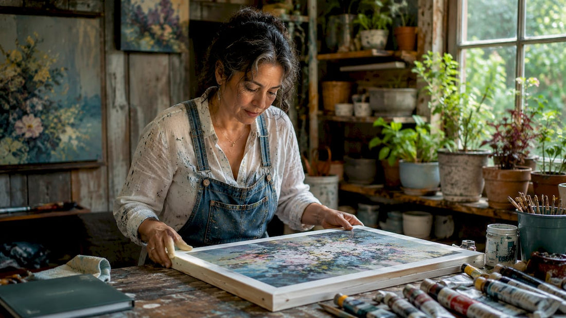 Artist inspecting fresh canvas print in studio