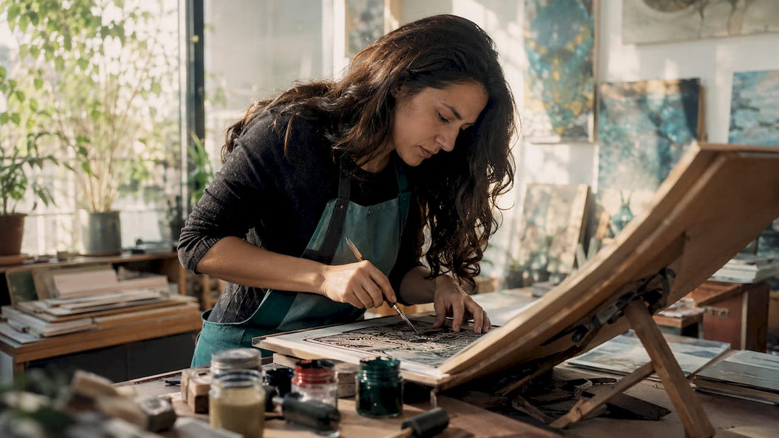 Artist carving linoleum block in printmaking studio