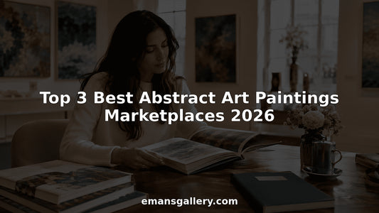Woman browsing abstract art paintings catalog at table